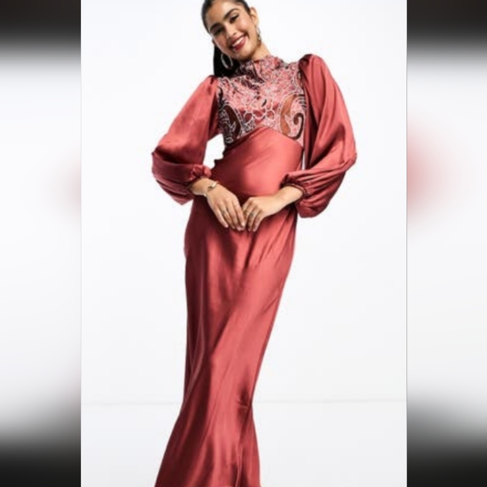 ASOS Red Long Sleeve Gown with Mock Neck